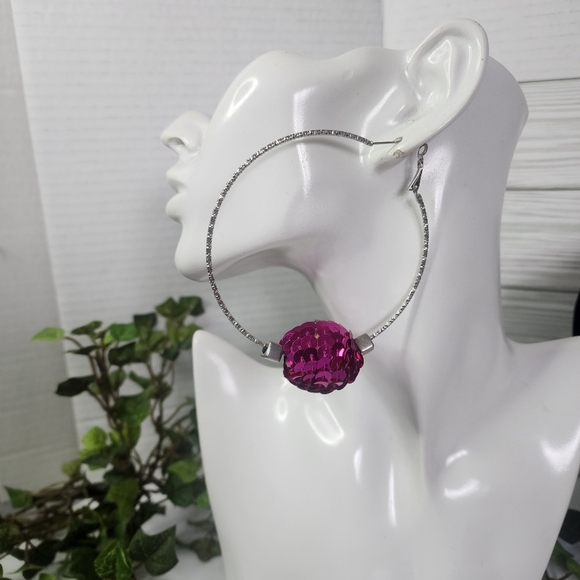 Large Silver Statement Hoop Earrings with Fuchsia Pink Sequin Disco Ball New - Picture 6 of 7